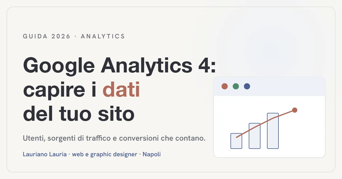 Illustrazione con titolo "Google Analytics 4: capire i dati del tuo sito" e un piccolo pannello con grafico a barre e linea di andamento delle visite.