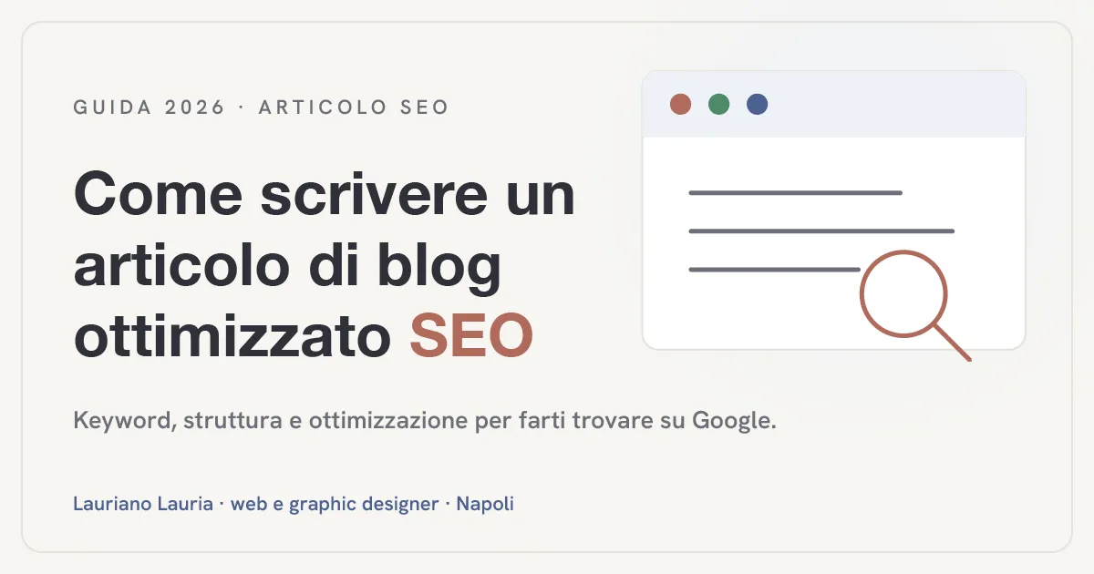 Illustrazione con titolo "Come scrivere un articolo di blog ottimizzato SEO" e icona di un documento con barra di ricerca.