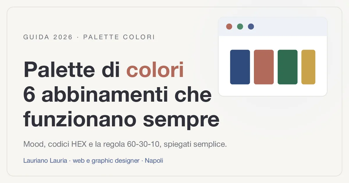 Illustrazione con titolo "Palette di colori: 6 abbinamenti che funzionano sempre" e piccoli campioni colore affiancati.