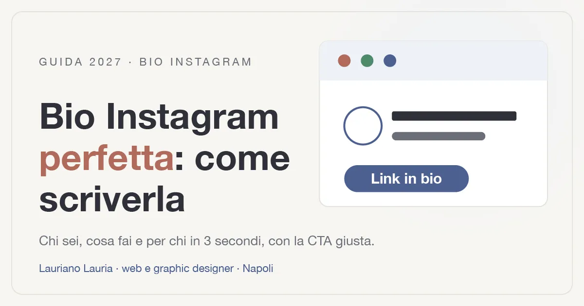 Illustrazione con titolo "Bio Instagram perfetta: come scriverla" e mockup di un profilo Instagram con nome, descrizione e pulsante link in bio.