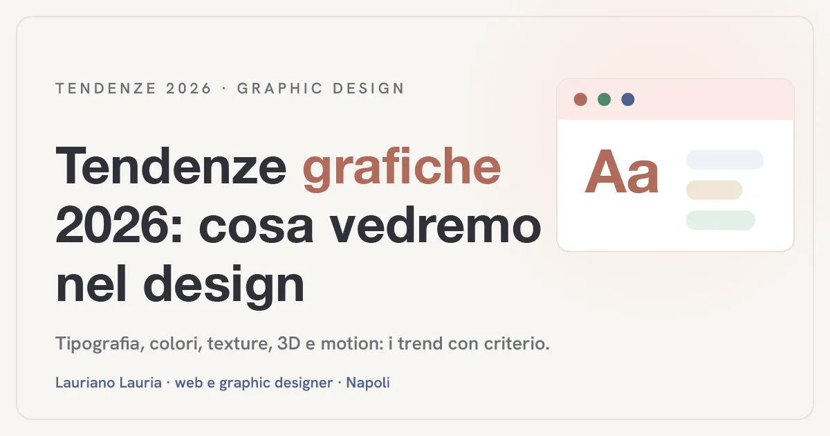 Illustrazione con titolo "Tendenze grafiche 2026: cosa vedremo nel design" e piccolo gruppo grafico decorativo a tema tipografia, colori e forme.