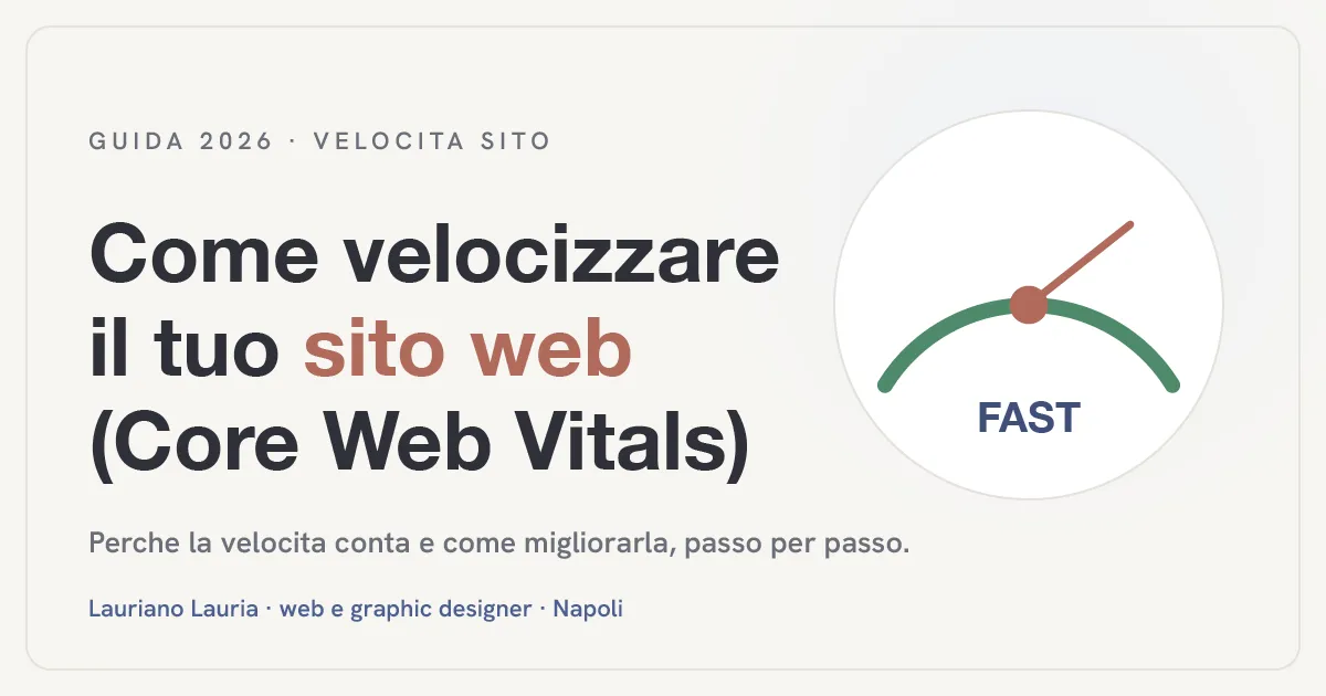 Illustrazione con titolo "Come velocizzare il tuo sito web (Core Web Vitals)" e un tachimetro che segna un caricamento rapido.