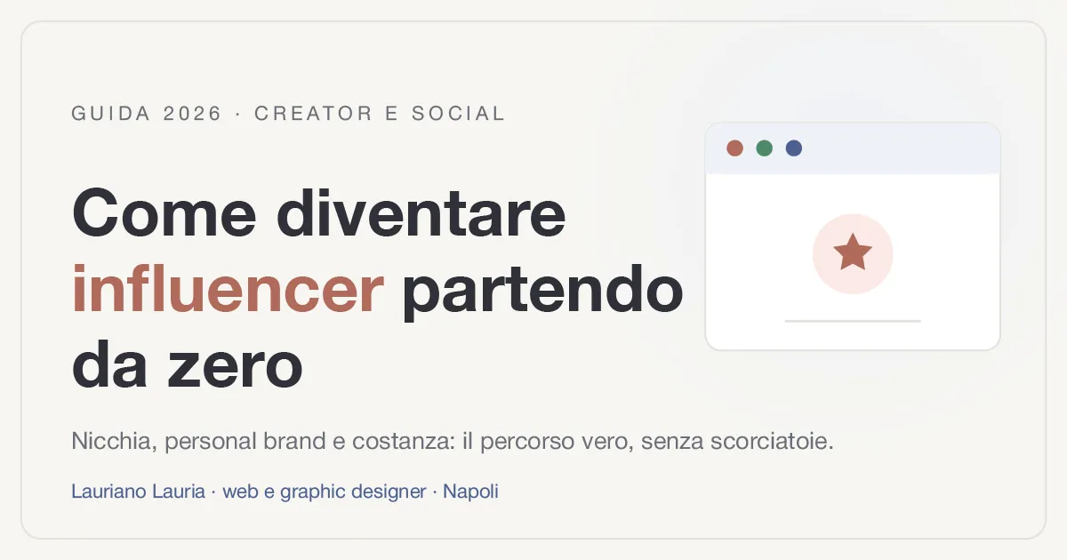 Illustrazione con titolo "Come diventare influencer partendo da zero" e icona di un profilo social con una stella, per una guida su nicchia, personal brand e costanza.