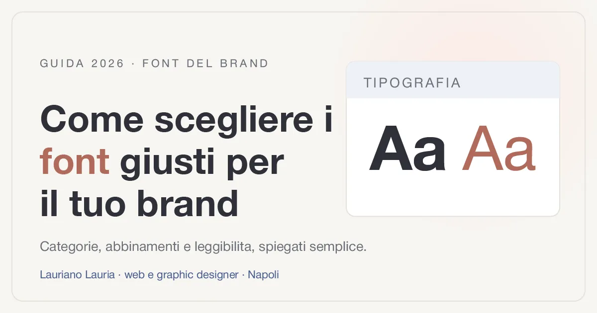 Illustrazione con titolo "Come scegliere i font giusti per il tuo brand" e campioni tipografici serif e sans-serif a confronto. 