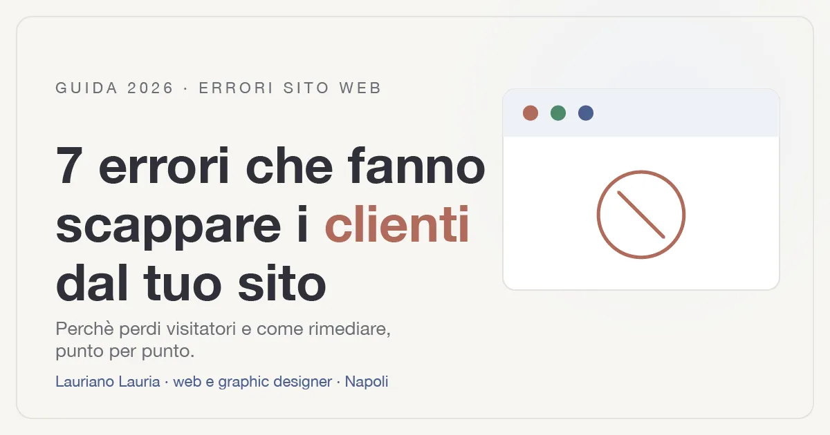Illustrazione con titolo "7 errori che fanno scappare i clienti dal tuo sito" e icona di una finestra browser con segnale di errore.