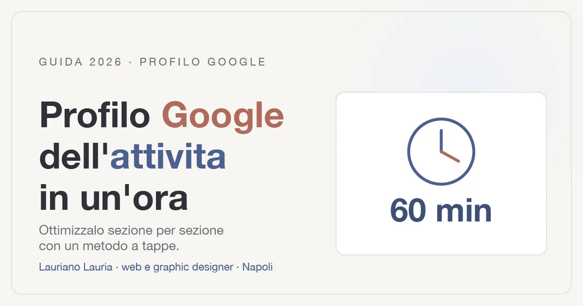 Copertina illustrata sul profilo Google dell'attività con checklist e una timeline di ottimizzazione in un'ora