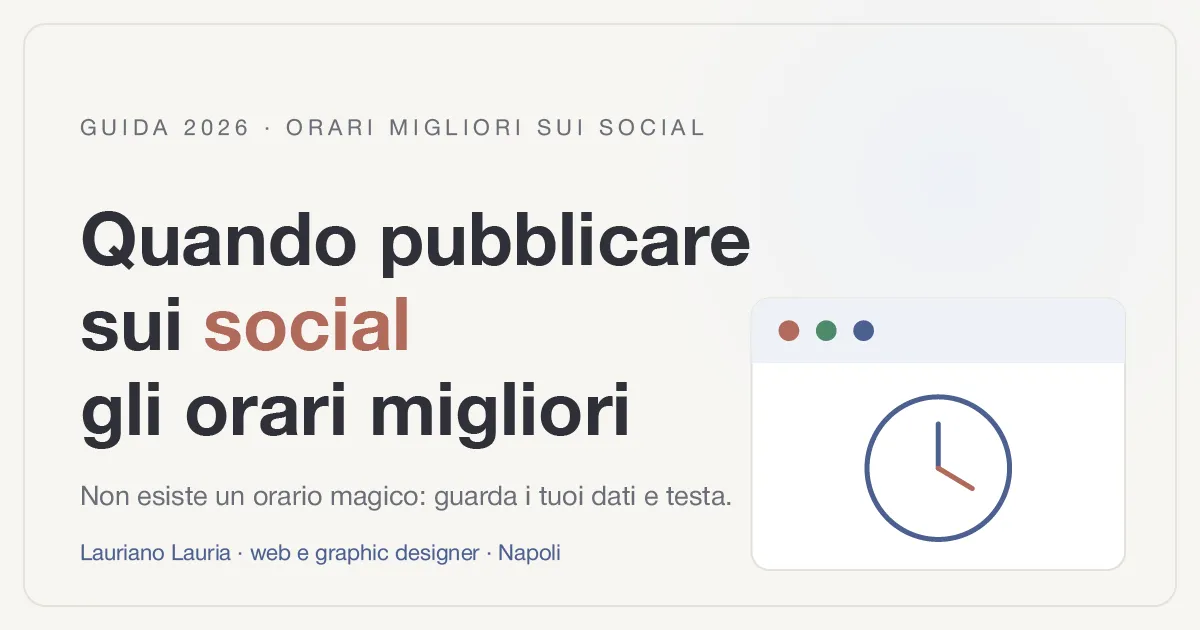 Illustrazione con titolo "Quando pubblicare sui social: gli orari migliori" e icona di un orologio, per una guida agli orari migliori per postare su Instagram, TikTok e Facebook.