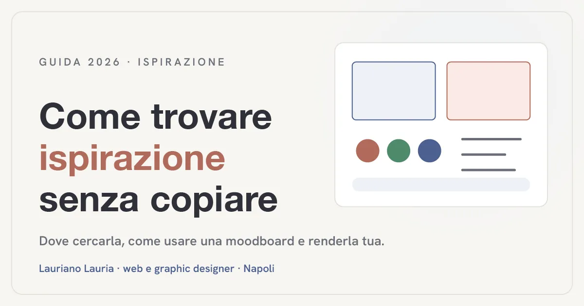 Illustrazione con titolo "Come trovare ispirazione senza copiare" e una piccola moodboard con immagini, palette colori e appunti creativi.
