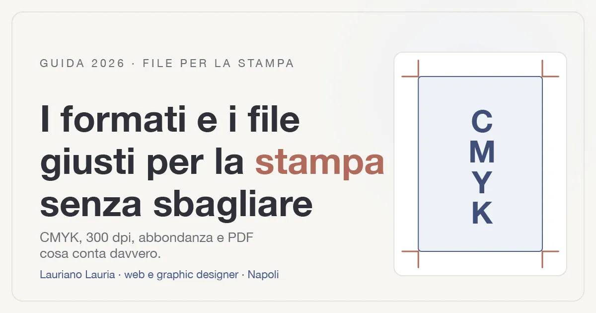 Illustrazione con titolo "Stampa: i formati e i file giusti per non sbagliare" e icona di un foglio con segni di taglio e area di abbondanza.